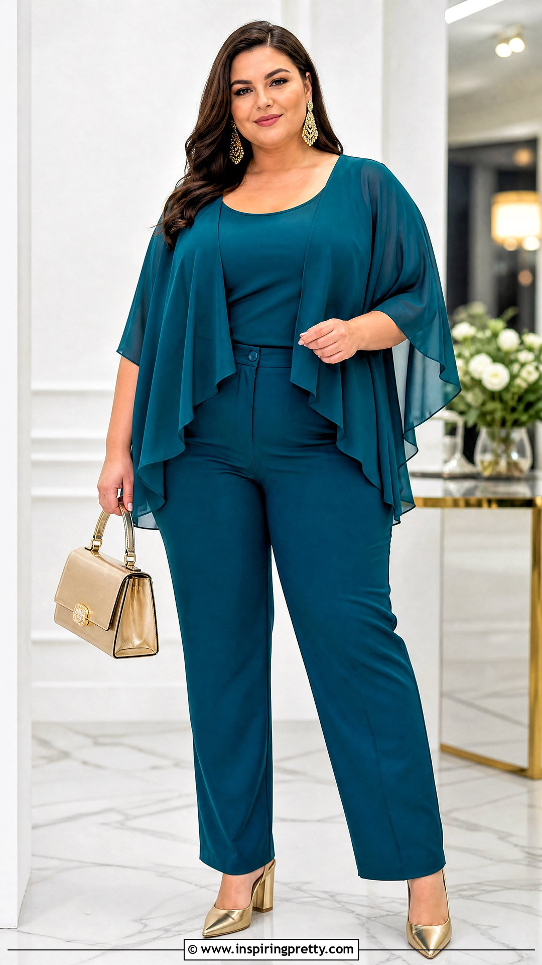 Plus Size Chiffon Poncho Top With Monochrome Trousers - 25 Chiffon Poncho Tops outfit ideas
