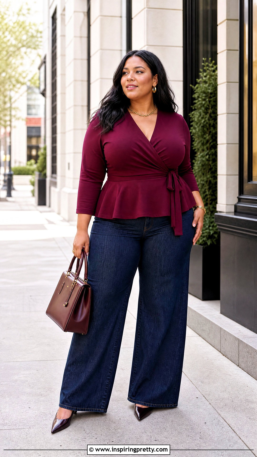 Plus Size Cinched Waist Top With Wide Leg Jeans - 50 cinched waist top outfit ideas