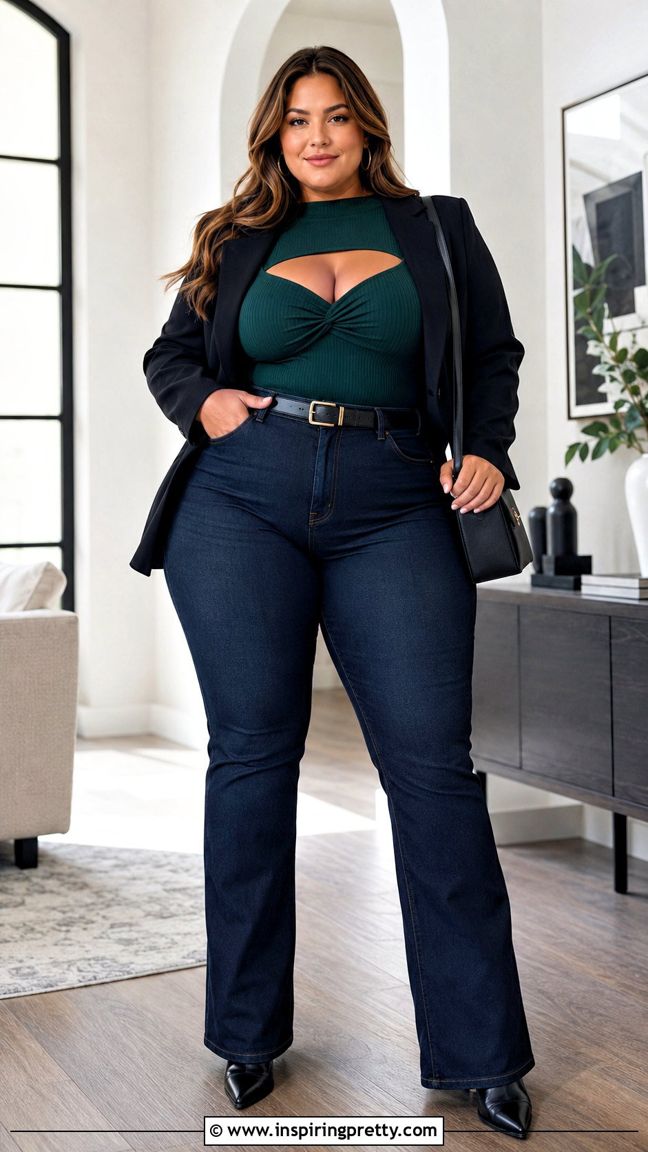 Plus Size Cleavage Cutout Top With Bootcut Jeans - 20 cleavage cutout top outfit ideas