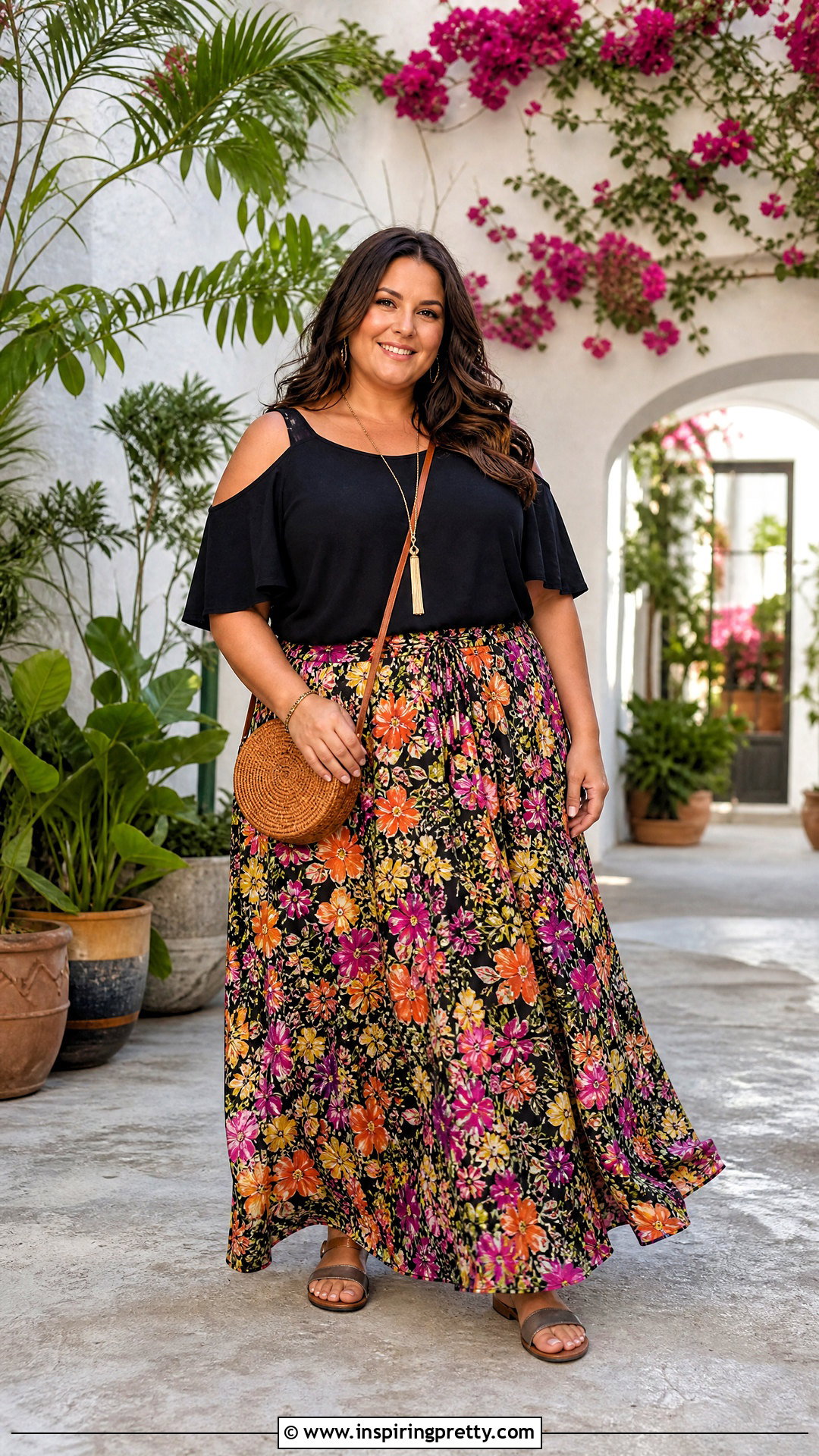 Plus Size Cold Shoulder Top With Maxi Skirt - 50 plus size tops outfit ideas
