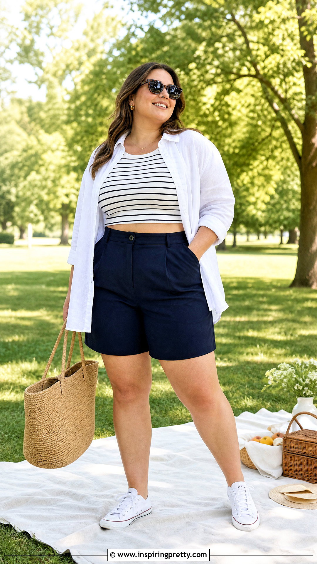 Plus Size Cropped Top With High Waisted Shorts - 20 plus size cropped top outfit ideas