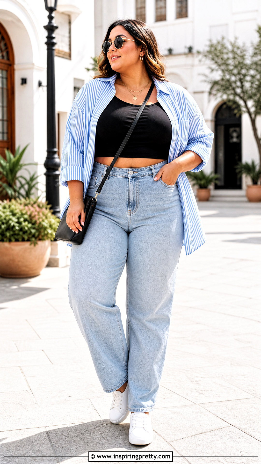 Plus Size Cropped Top With Layered Button Down Shirt - 20 plus size cropped top outfit ideas
