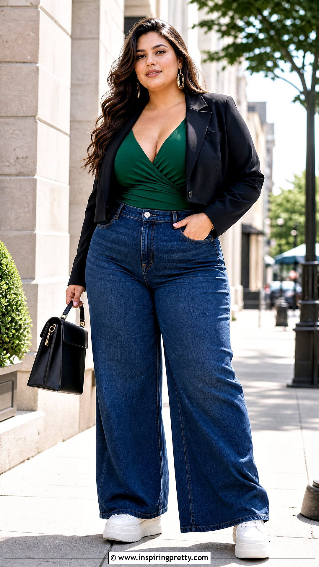 Plus Size Deep Neck Top With Wide Leg Jeans - 50 deep neck tops outfit ideas