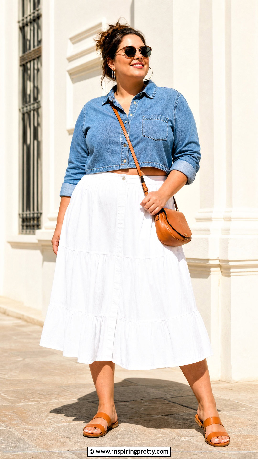 Plus Size Denim Crop Shirt With White Midi Skirt - 25 Plus Size Crop Top Outfit High Waist Skirts