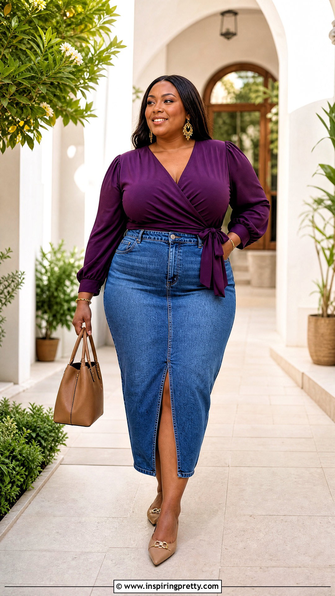 Plus Size Denim Midi Skirt And Wrap Top Outfit - 50 denim skirt and top outfit ideas