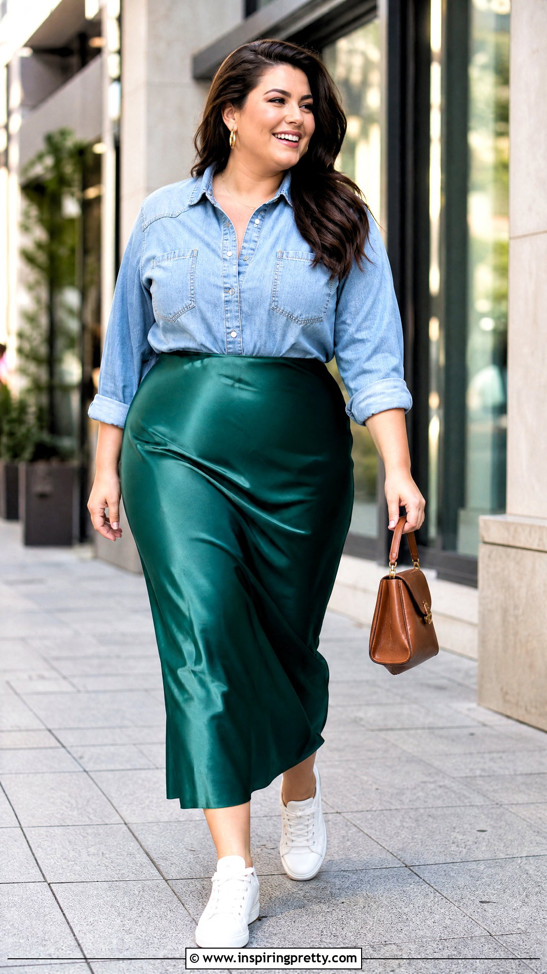 Plus Size Denim Shirt With Satin Midi Skirt - 50 plus size tops outfit ideas