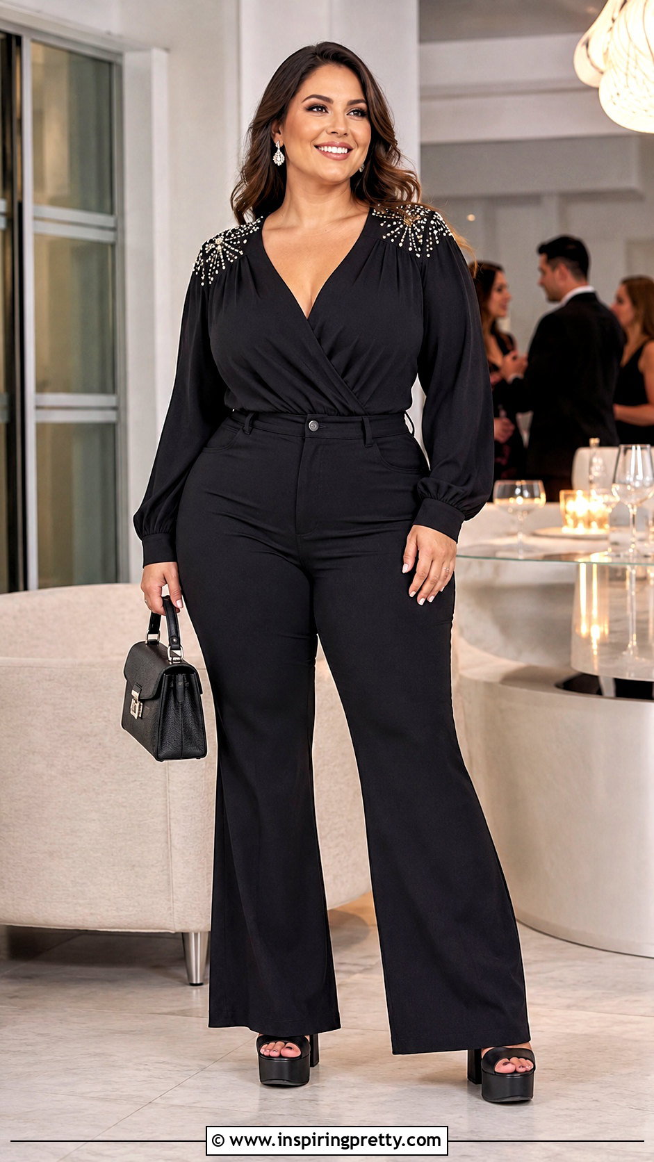 Plus Size Embellished Shoulder Top With Flare Pants - 20 embellished shoulder top outfit ideas