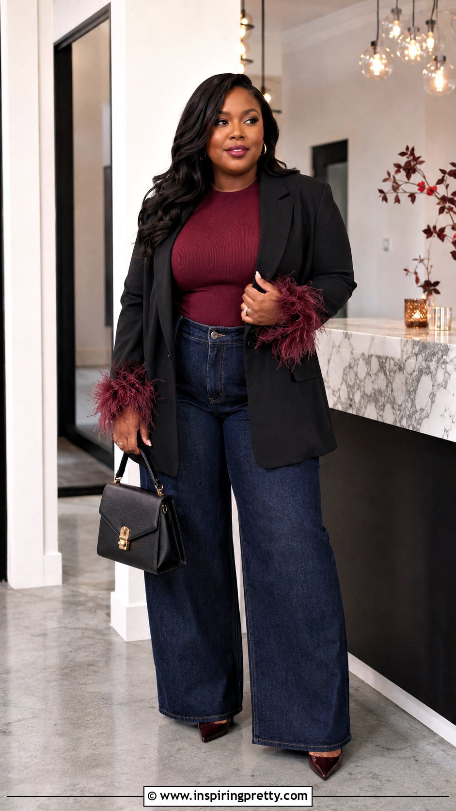 Plus Size Feather Top With Wide Leg Jeans - 50 feather top outfit ideas