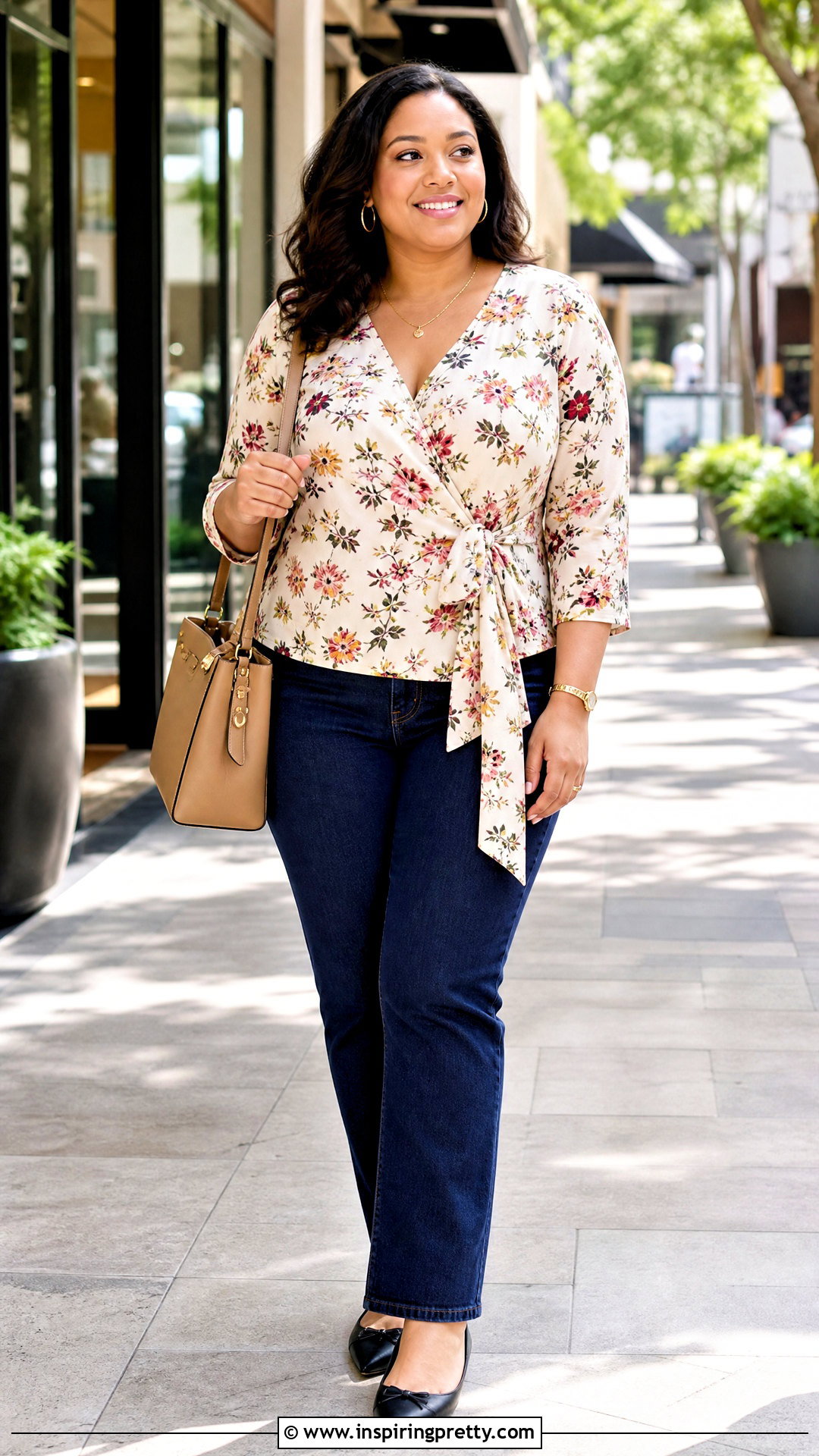 Plus Size Floral Top With Dark Jeans And Comfortable Flats - 20 Floral Top With Jeans And Flats