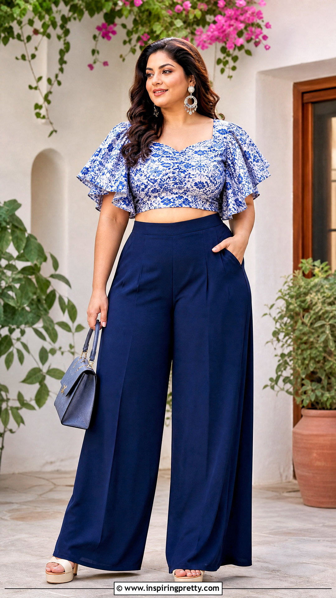 Plus Size Flounce Sleeve Crop Top With Palazzo Pants - 20 Flounce Sleeve Crop Top outfit ideas