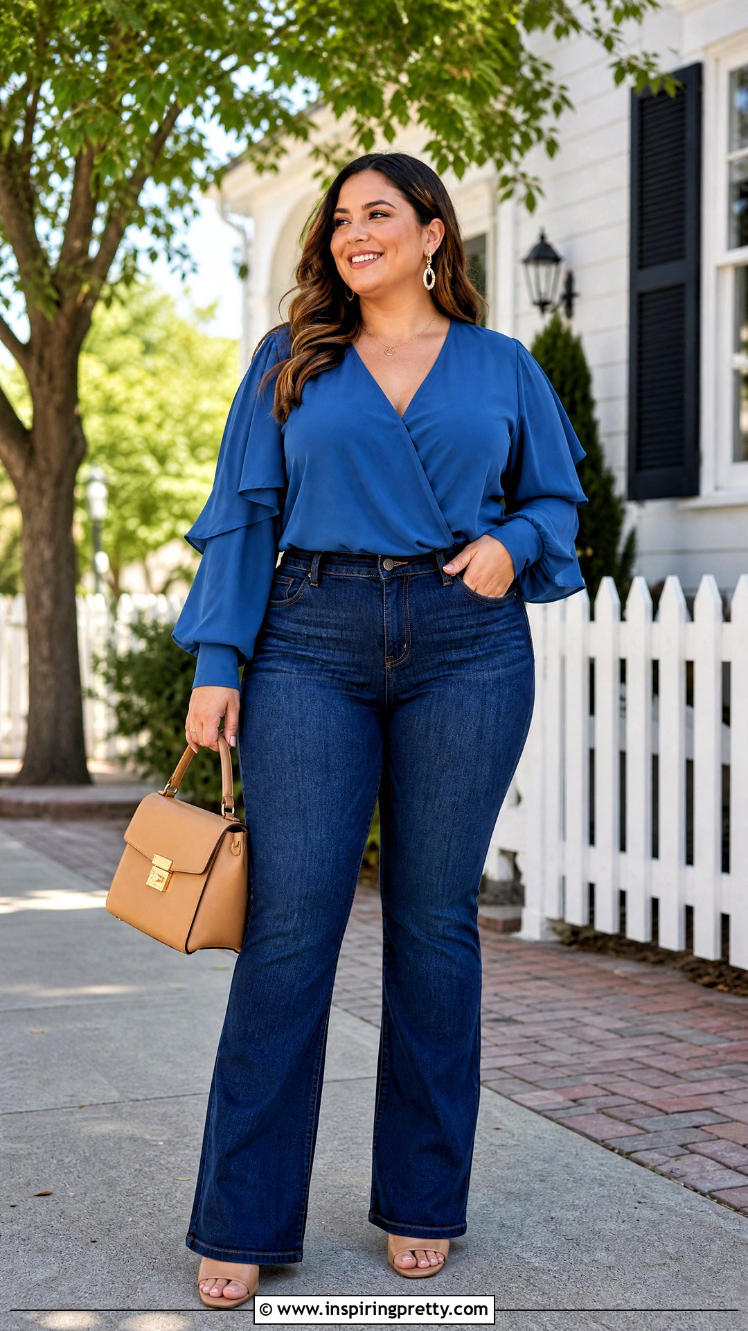 Plus Size Flutter Long Sleeve Top With Dark Wash Jeans - 20 flutter long sleeve top outfit ideas