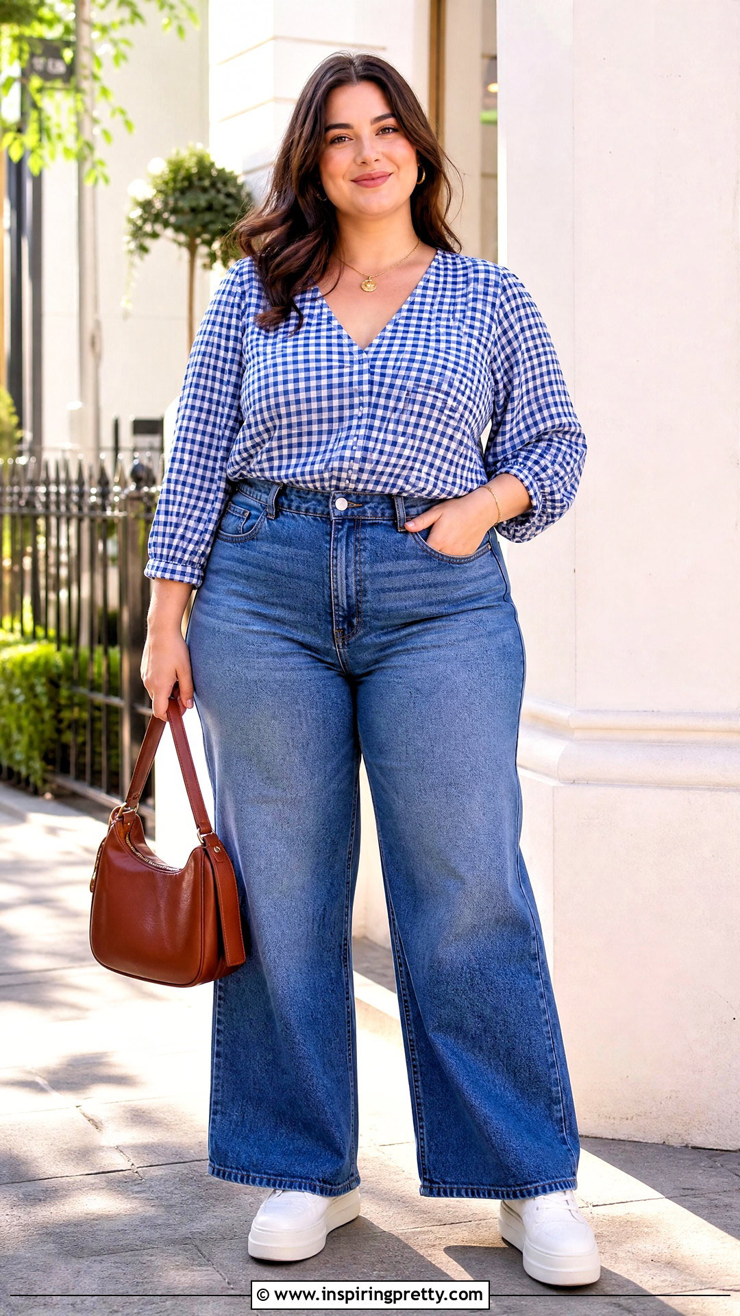 Plus Size Gingham Top With Wide Leg Jeans - 50 gingham top outfit ideas