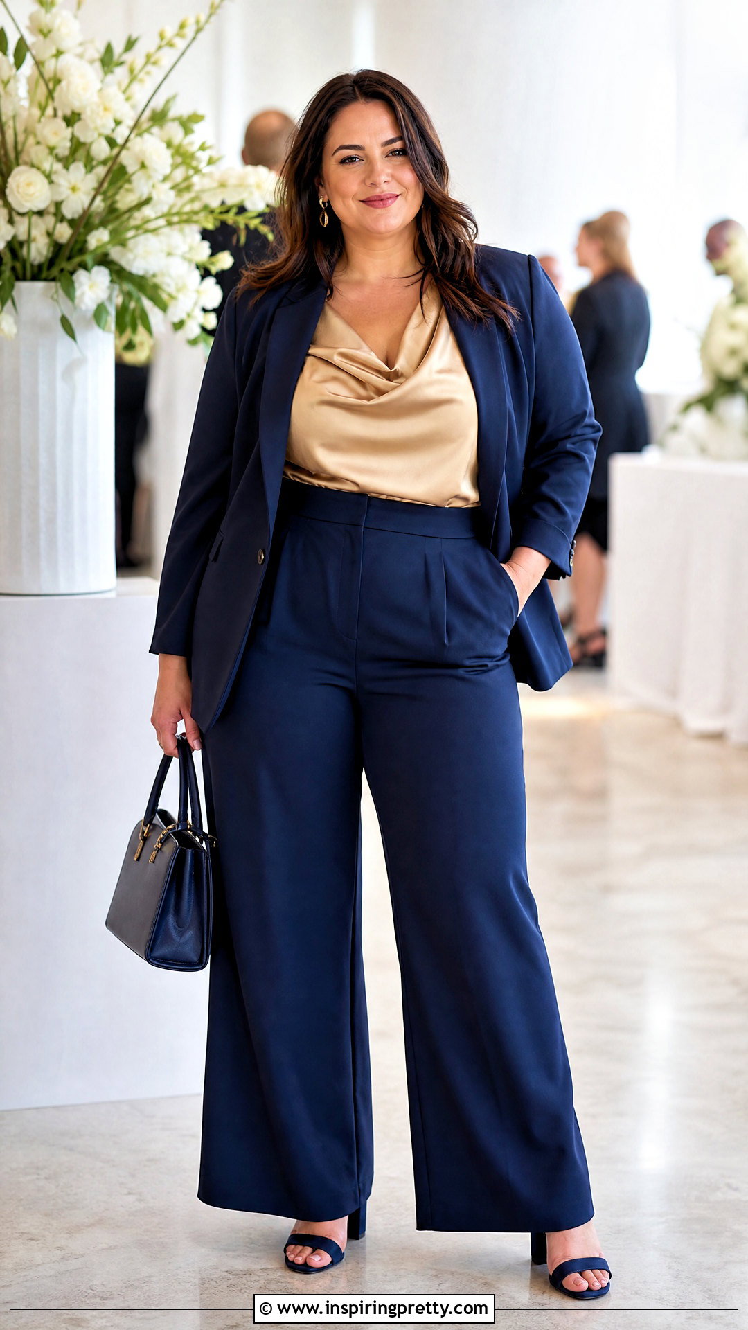 Plus Size Gold Top Outfit With Wide Leg Pants - 50 gold top outfit ideas