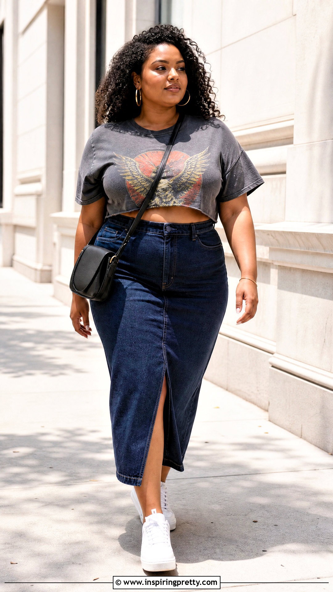 Plus Size Graphic Crop Top With Denim Midi Skirt - 25 Plus Size Crop Top Outfit High Waist Skirts