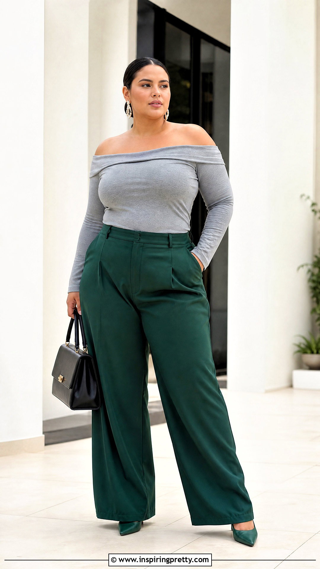 Plus Size Grey Off Shoulder Top With Wide Leg Pants - 50 grey off shoulder top outfit ideas