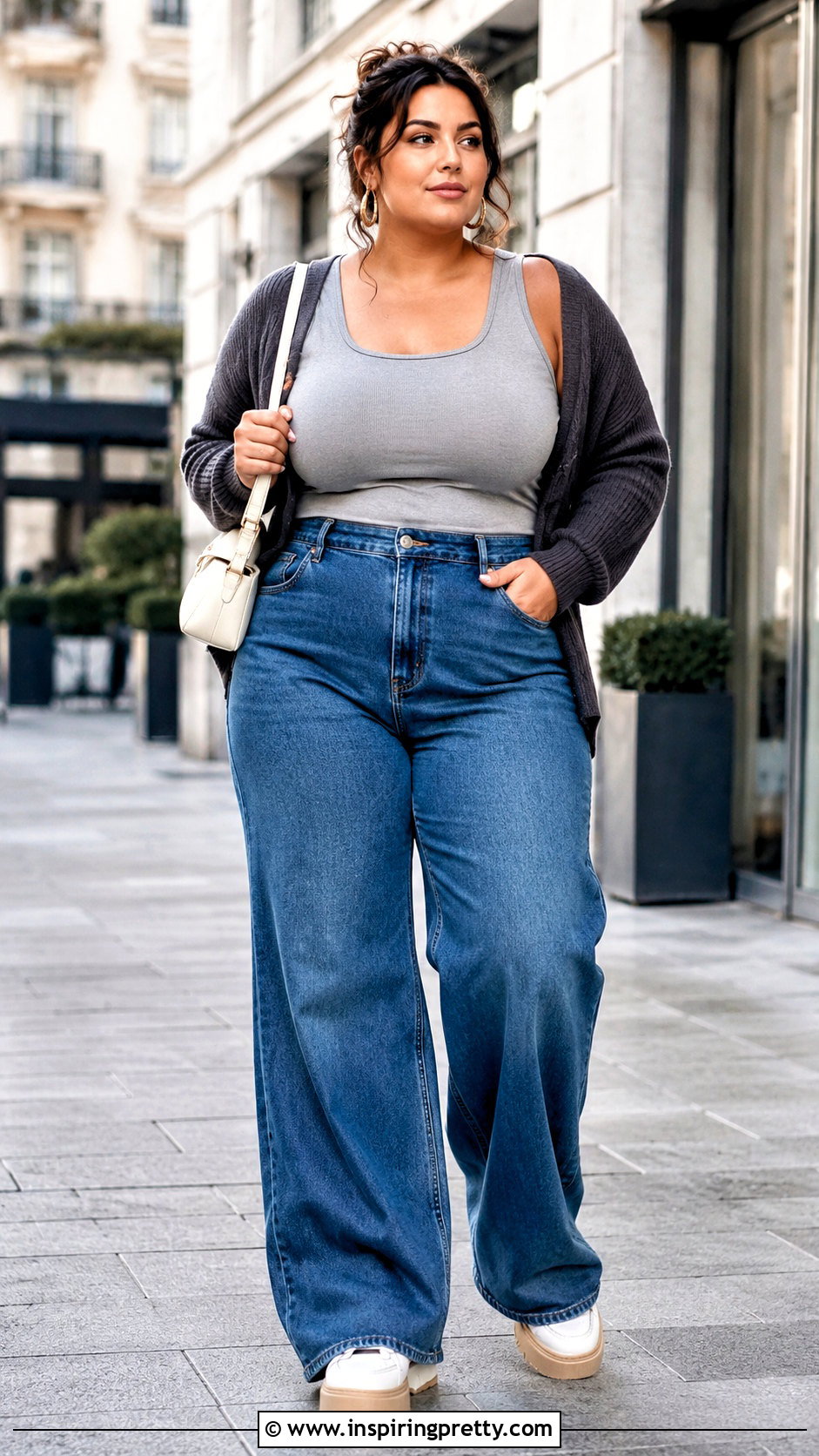 Plus Size Grey Tank Top With Wide Leg Jeans - 50 grey tank top outfit ideas