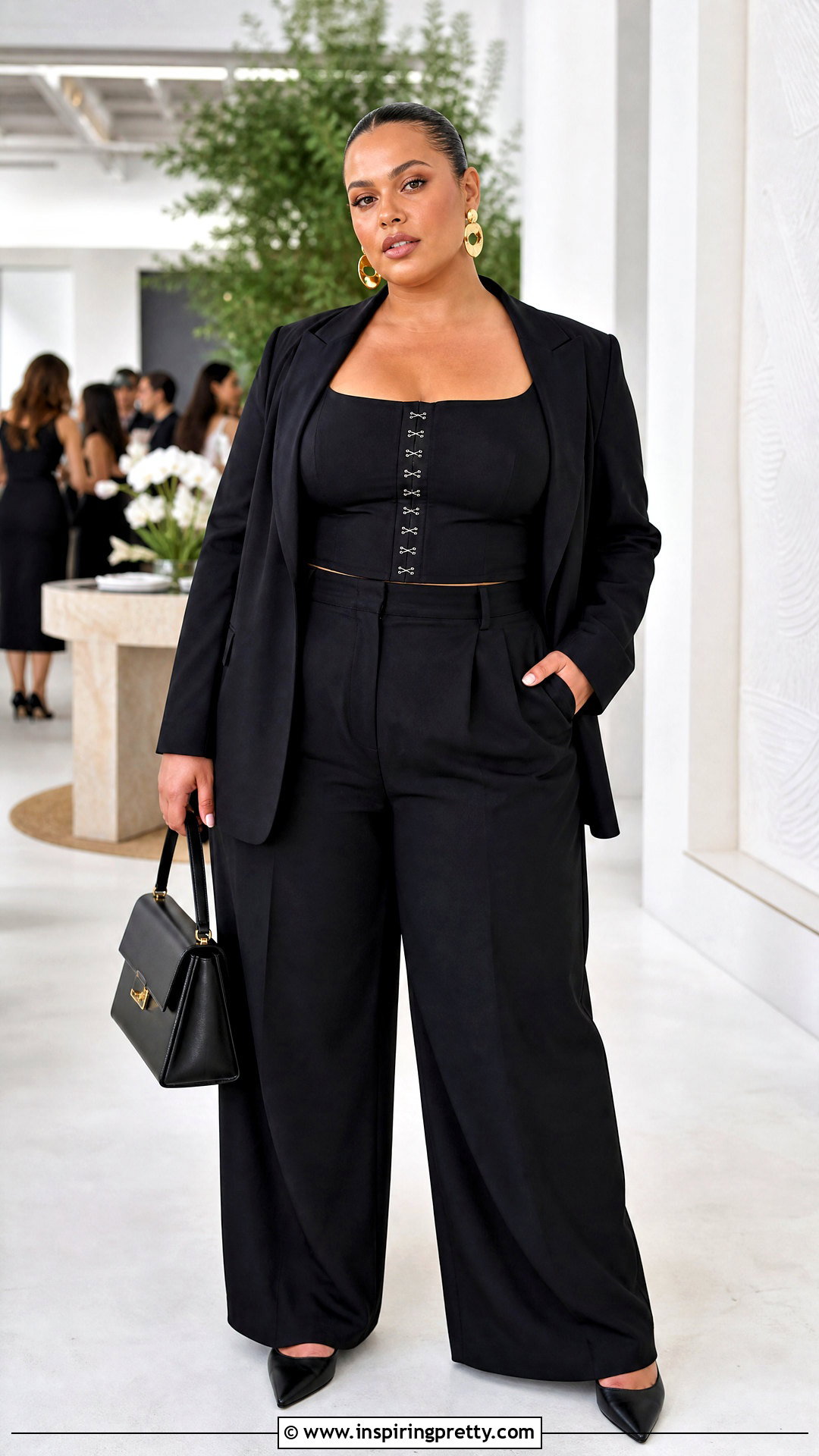 Plus Size Hook And Eye Top With Wide Leg Pants - 25 hook and eye closure top outfit ideas