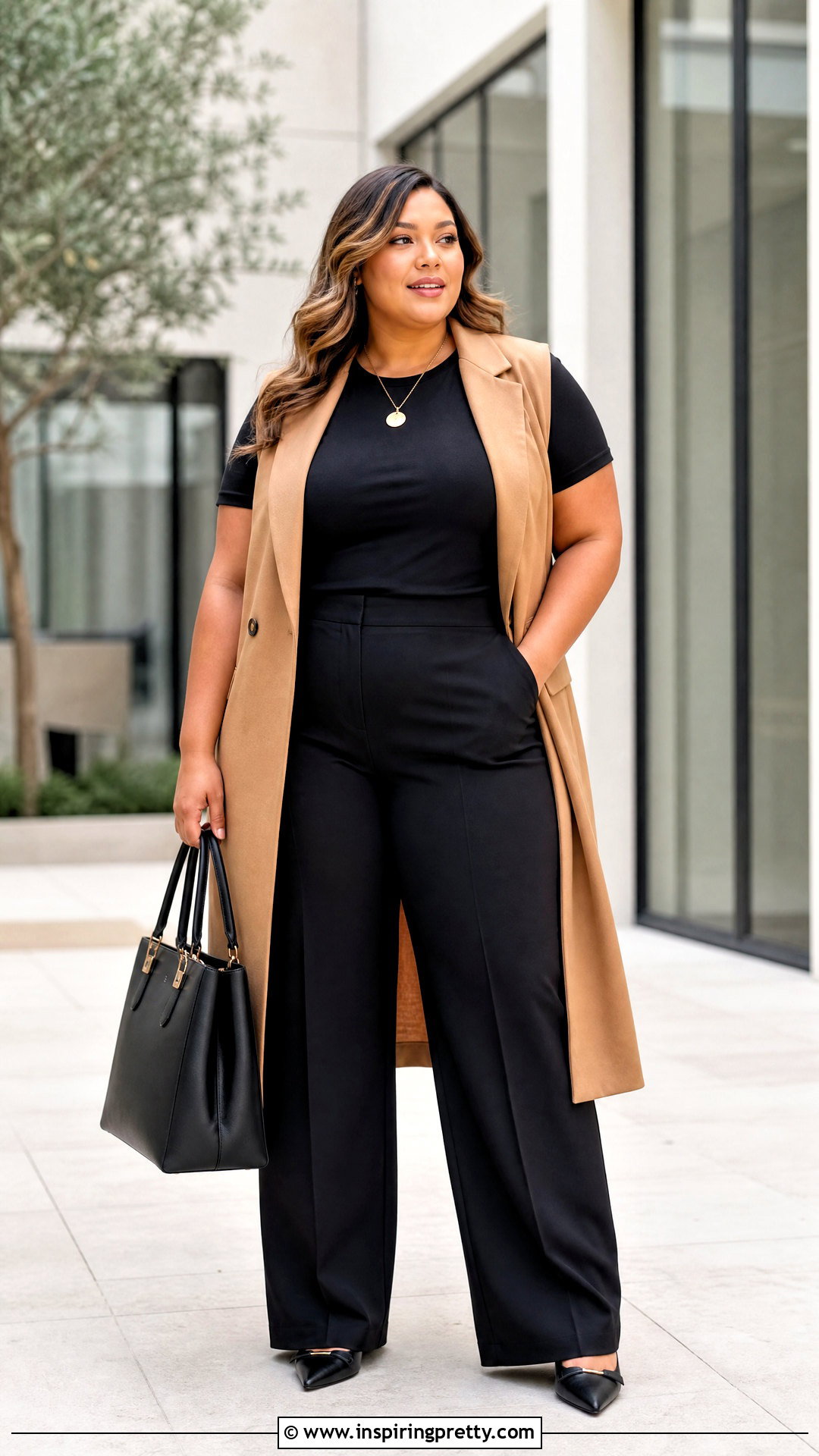 Plus Size Longline Vest With Tee And Trousers - 50 plus size tops outfit ideas