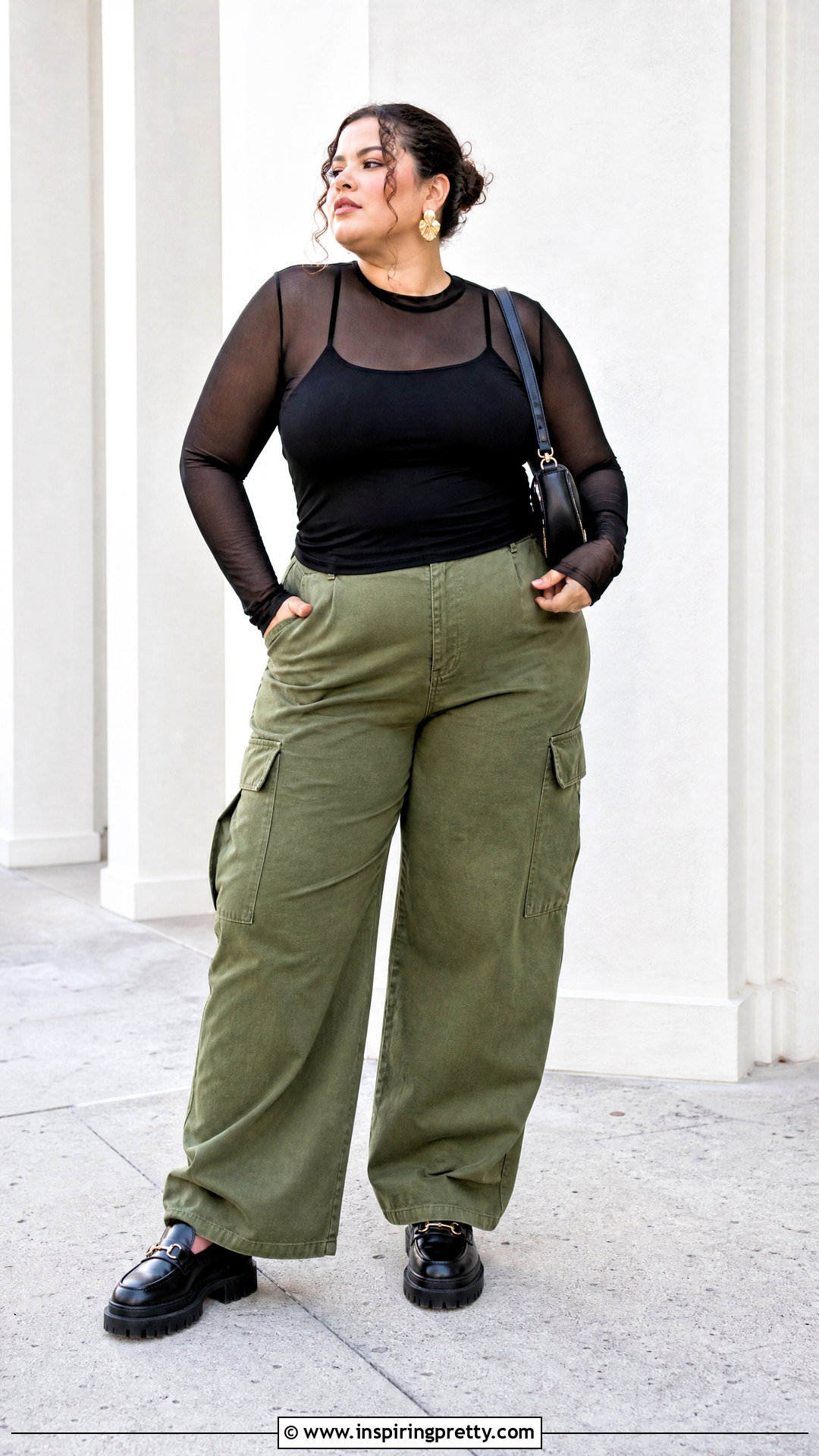 Plus Size Mesh Top With Cami And Cargo Pants - 50 plus size tops outfit ideas