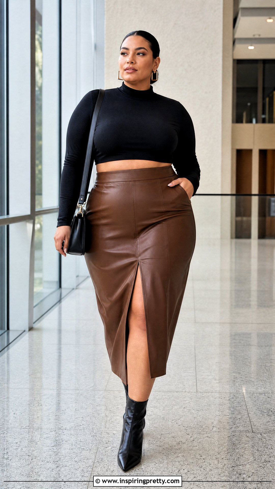 Plus Size Mock Neck Crop Top With Faux Leather Skirt - 25 Plus Size Crop Top Outfit High Waist Skirts