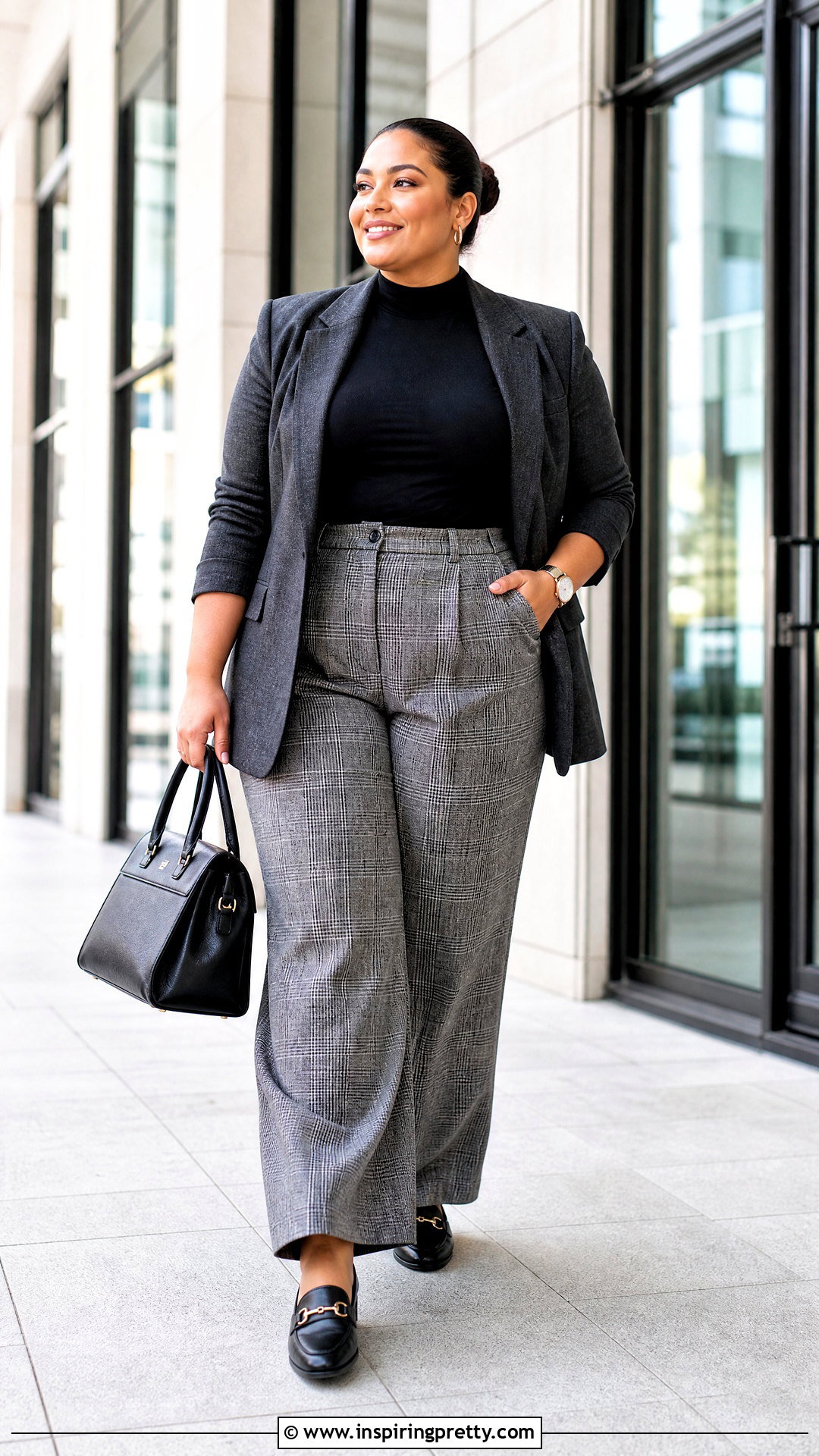 Plus Size Mock Neck Top With Plaid Trousers - 50 plus size tops outfit ideas