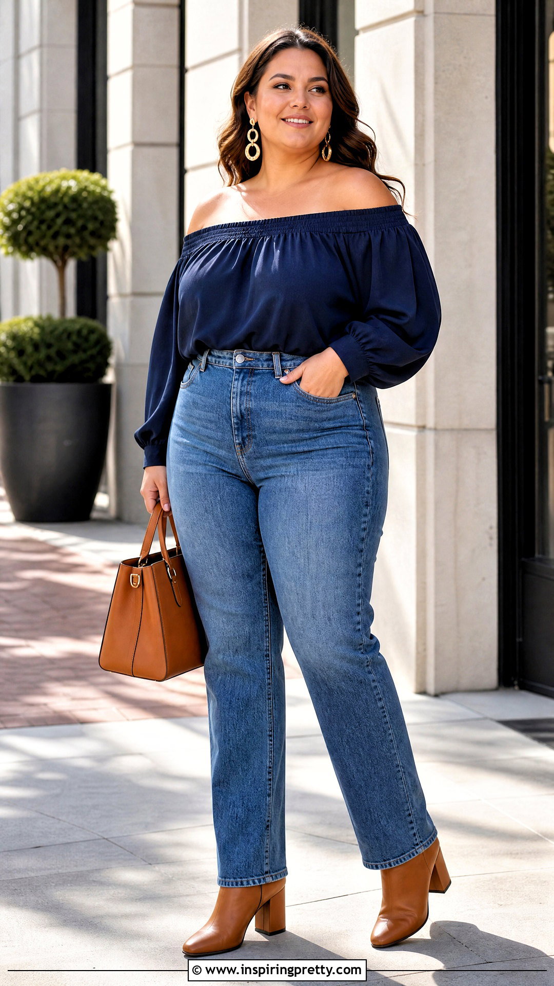 Plus Size Off Shoulder Top With Straight Jeans - 50 Off Shoulder Tops outfit ideas