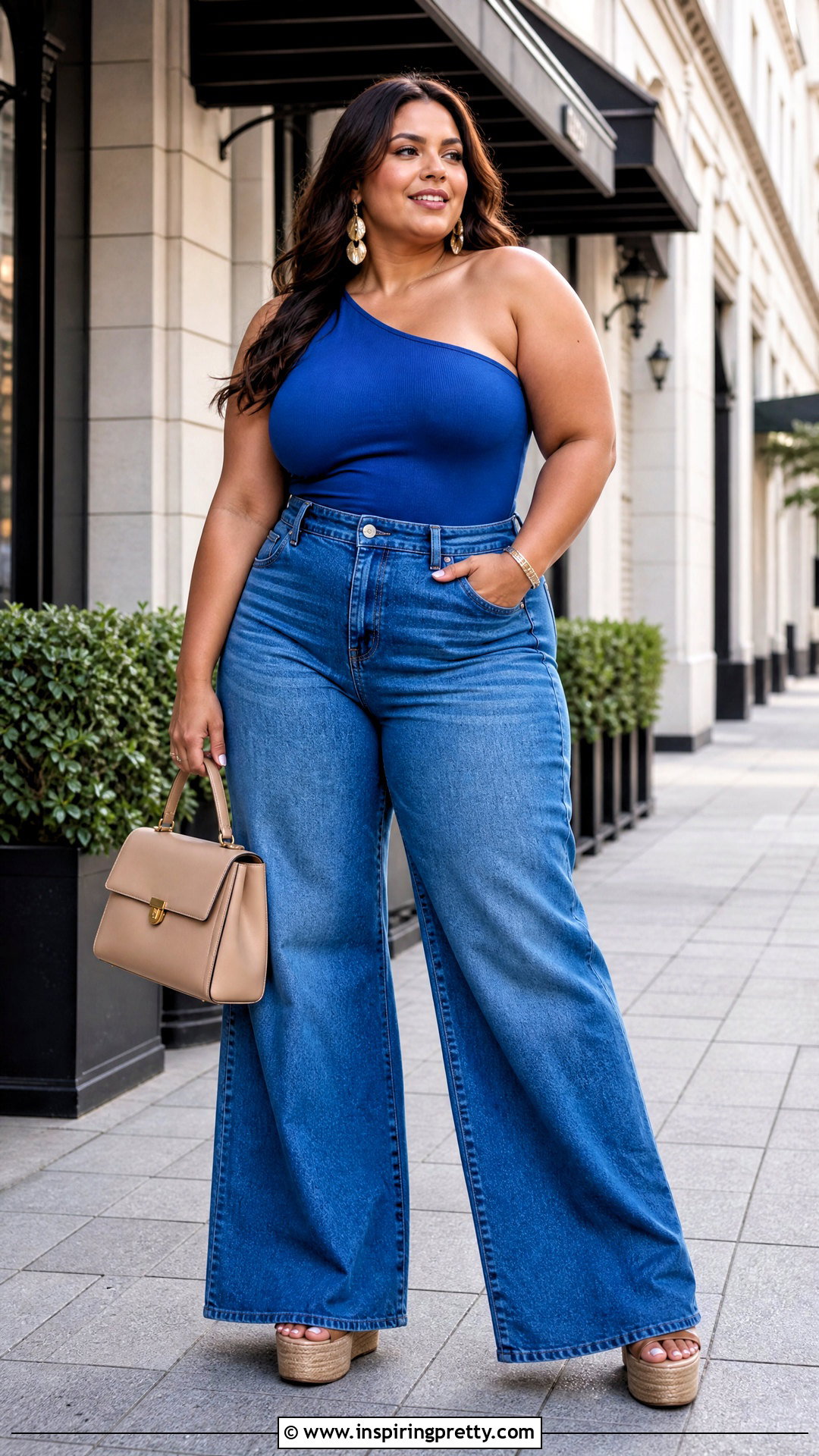 Plus Size One Shoulder Top With Wide Leg Jeans - 50 one shoulder top outfit ideas