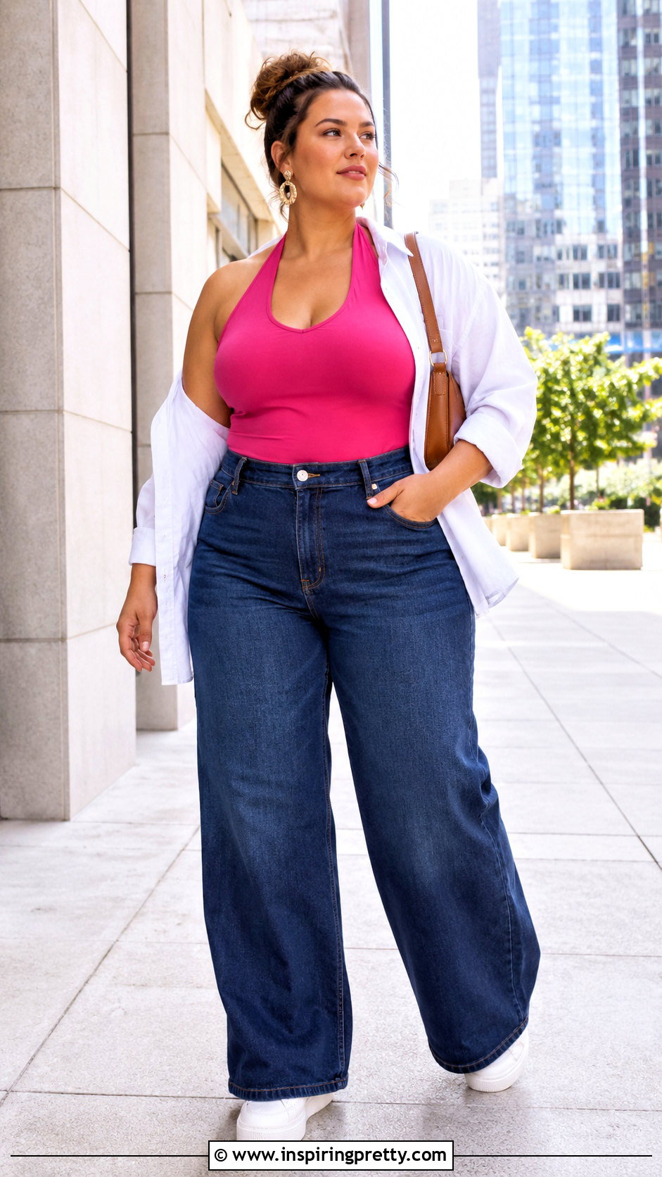 Plus Size Pink Halter Top With Wide Leg Jeans - 50 pink halter top outfit ideas