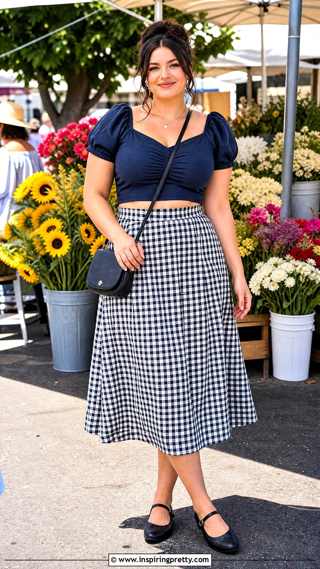 Plus Size Puff Sleeve Crop Top With Gingham Midi Skirt - 25 Plus Size Crop Top Outfit High Waist Skirts
