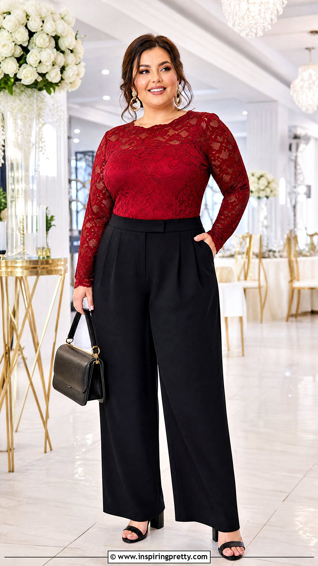 Plus Size Red Lace Top With Wide Leg Pants - 50 red lace top outfit ideas