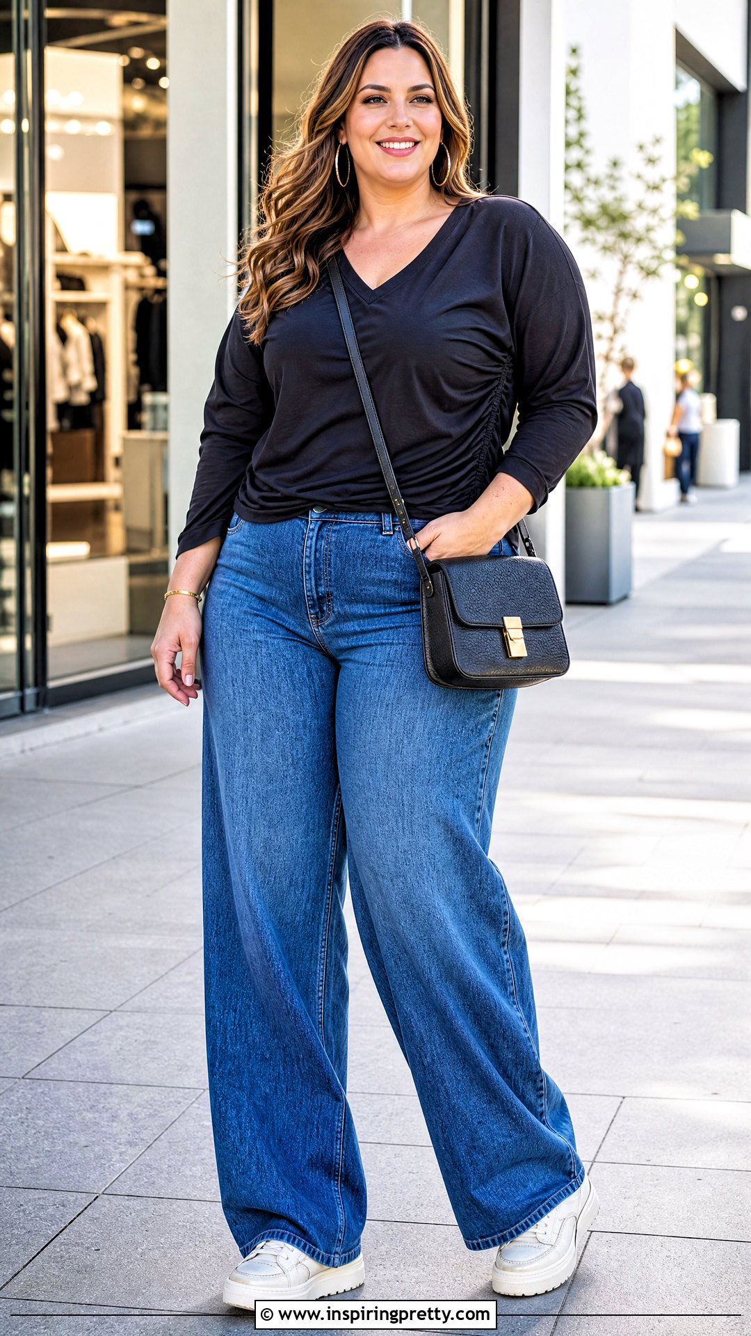 Plus Size Ruched Top With Wide Leg Jeans - 50 ruched top outfit ideas
