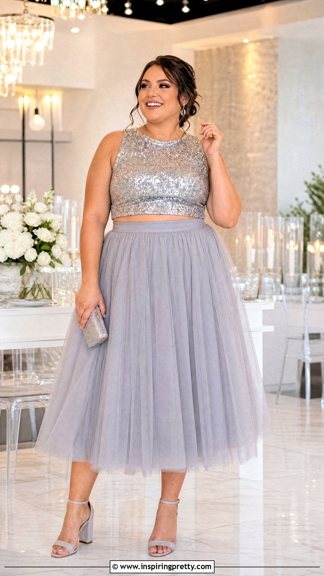 Plus Size Sequin Crop Top With Tulle Midi Skirt - 25 Plus Size Crop Top Outfit High Waist Skirts