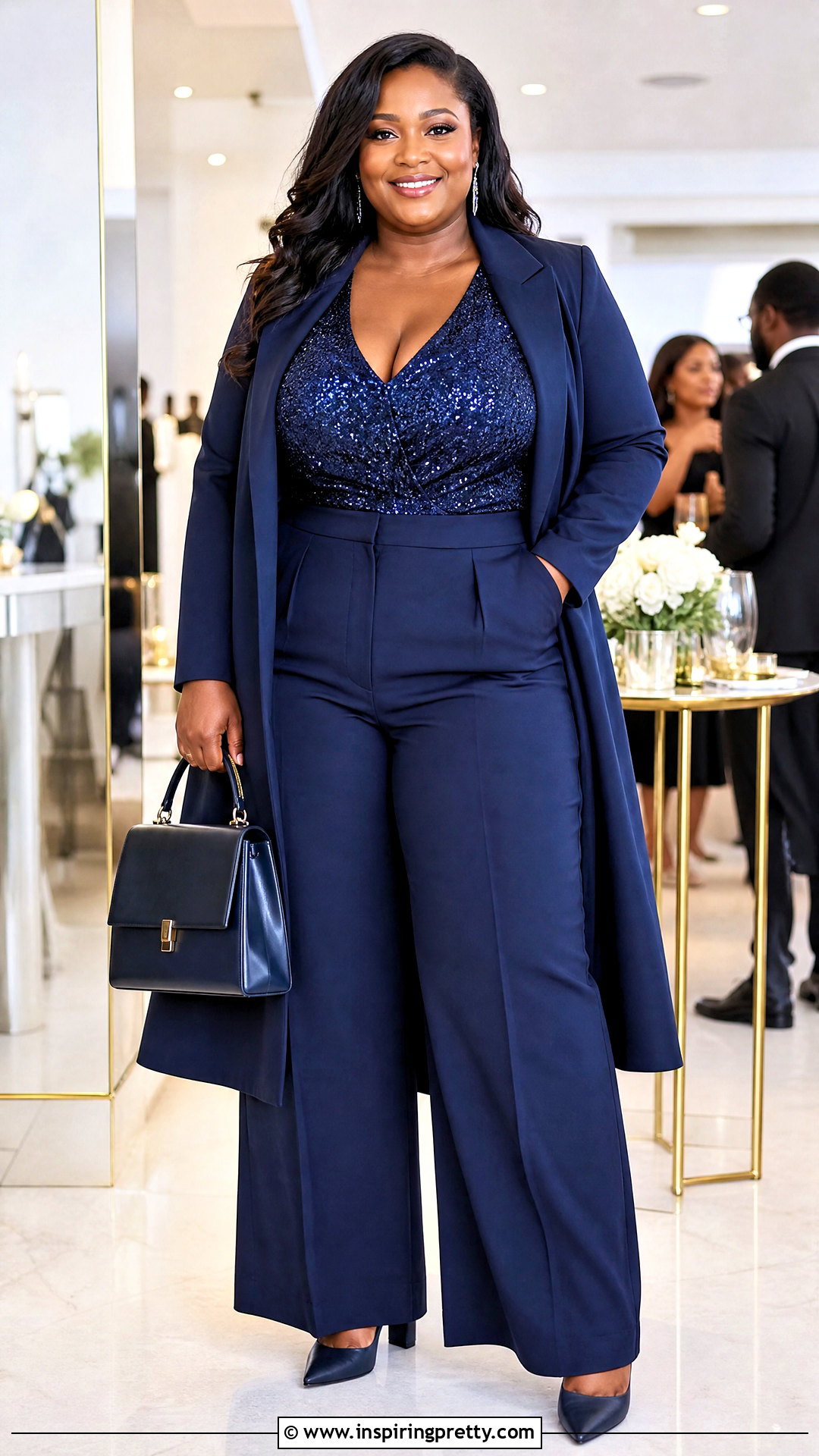 Plus Size Sequin Top With Wide Leg Trousers - 50 Sequin Top outfit ideas