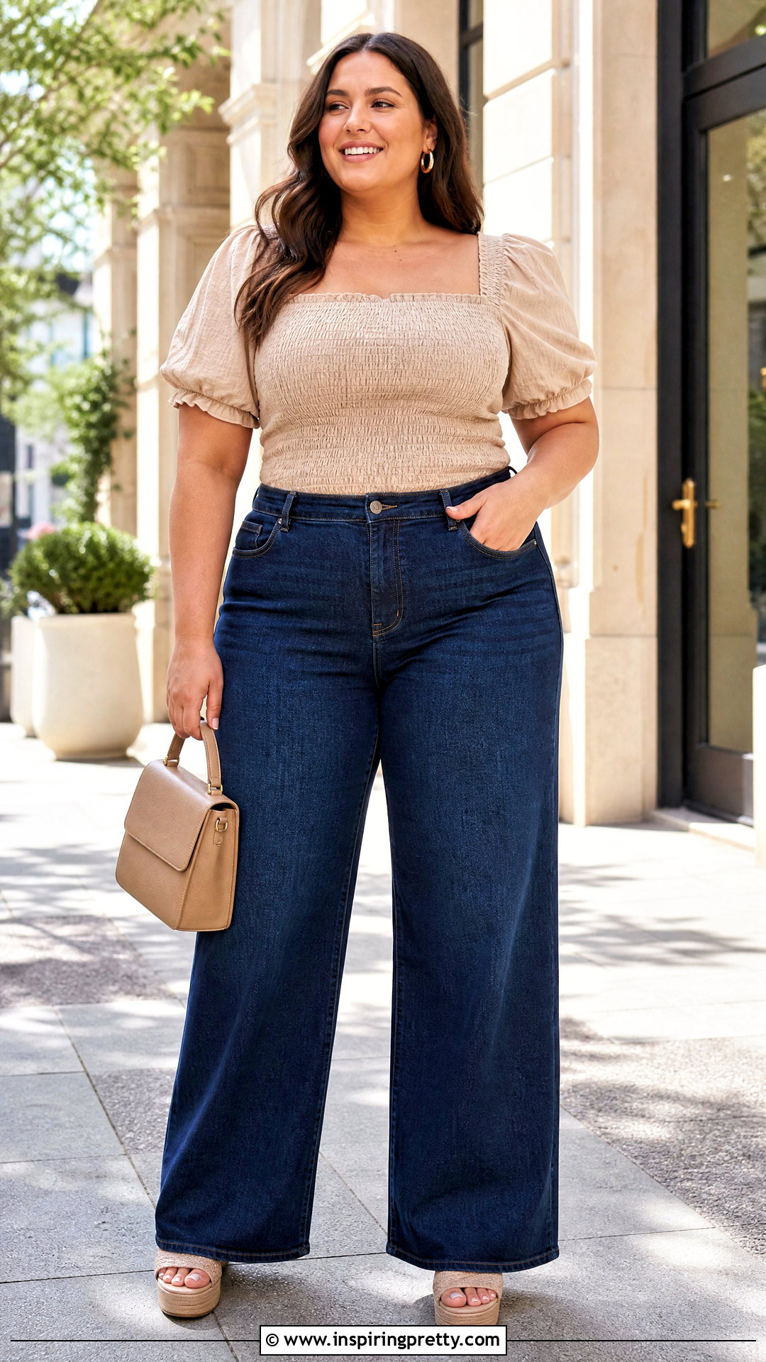 Plus Size Smocked Top With Wide Leg Jeans - 20 Smocked Top Fashion Trend outfit ideas