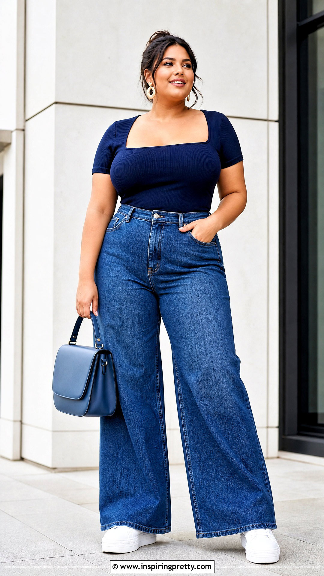 Plus Size Square Neck Top With Wide Leg Jeans - 50 square neck tops outfit ideas