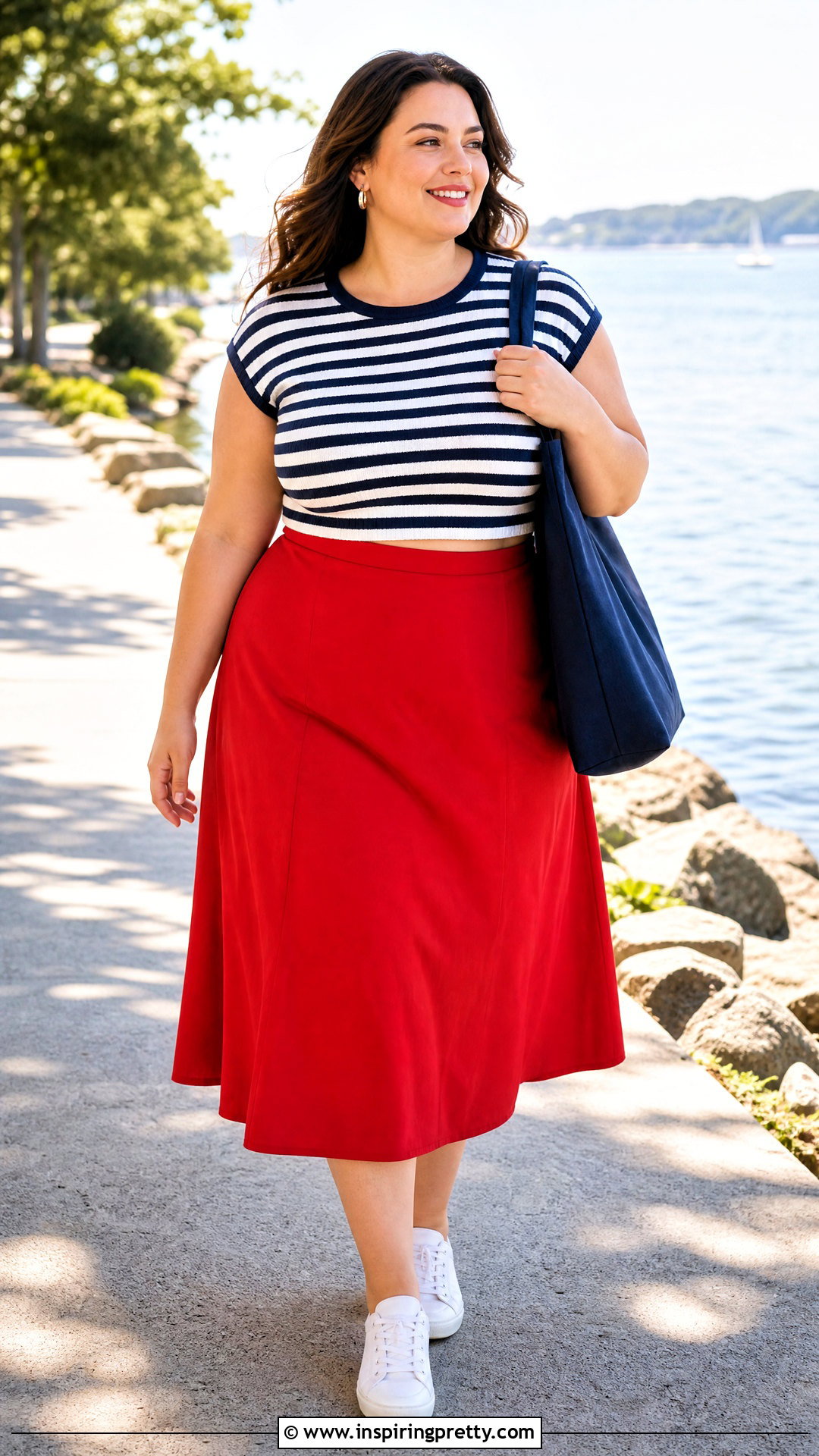 Plus Size Striped Crop Top With Solid A Line Skirt - 25 Plus Size Crop Top Outfit High Waist Skirts