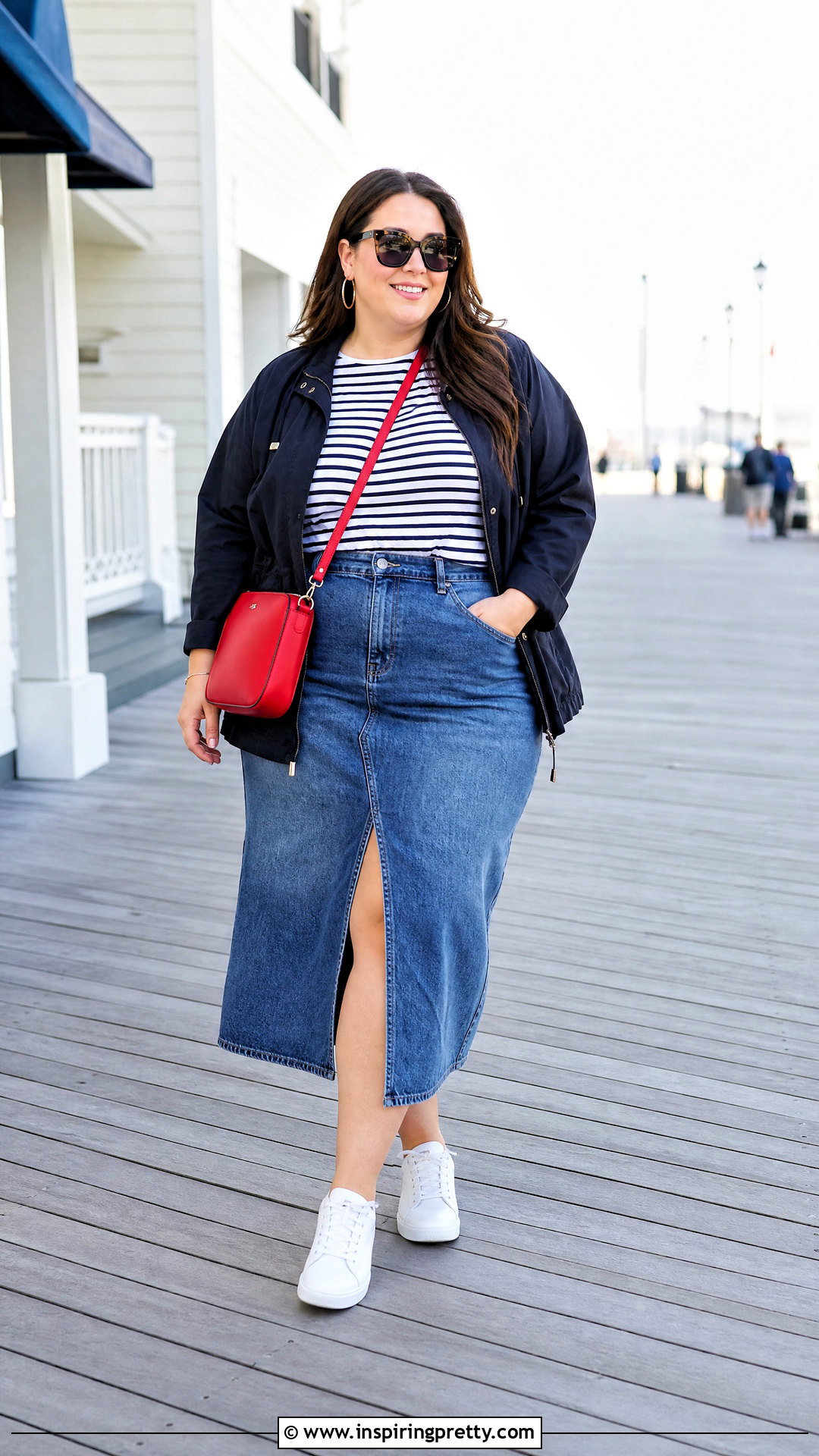 Plus Size Striped Tee With Denim Skirt - 50 plus size tops outfit ideas