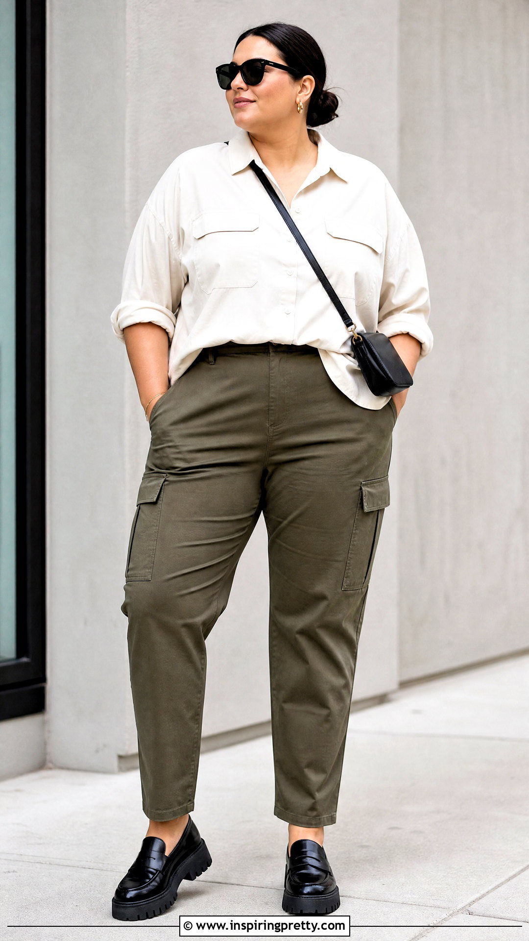 Plus Size Utility Shirt With Cargo Pants - 50 plus size tops outfit ideas