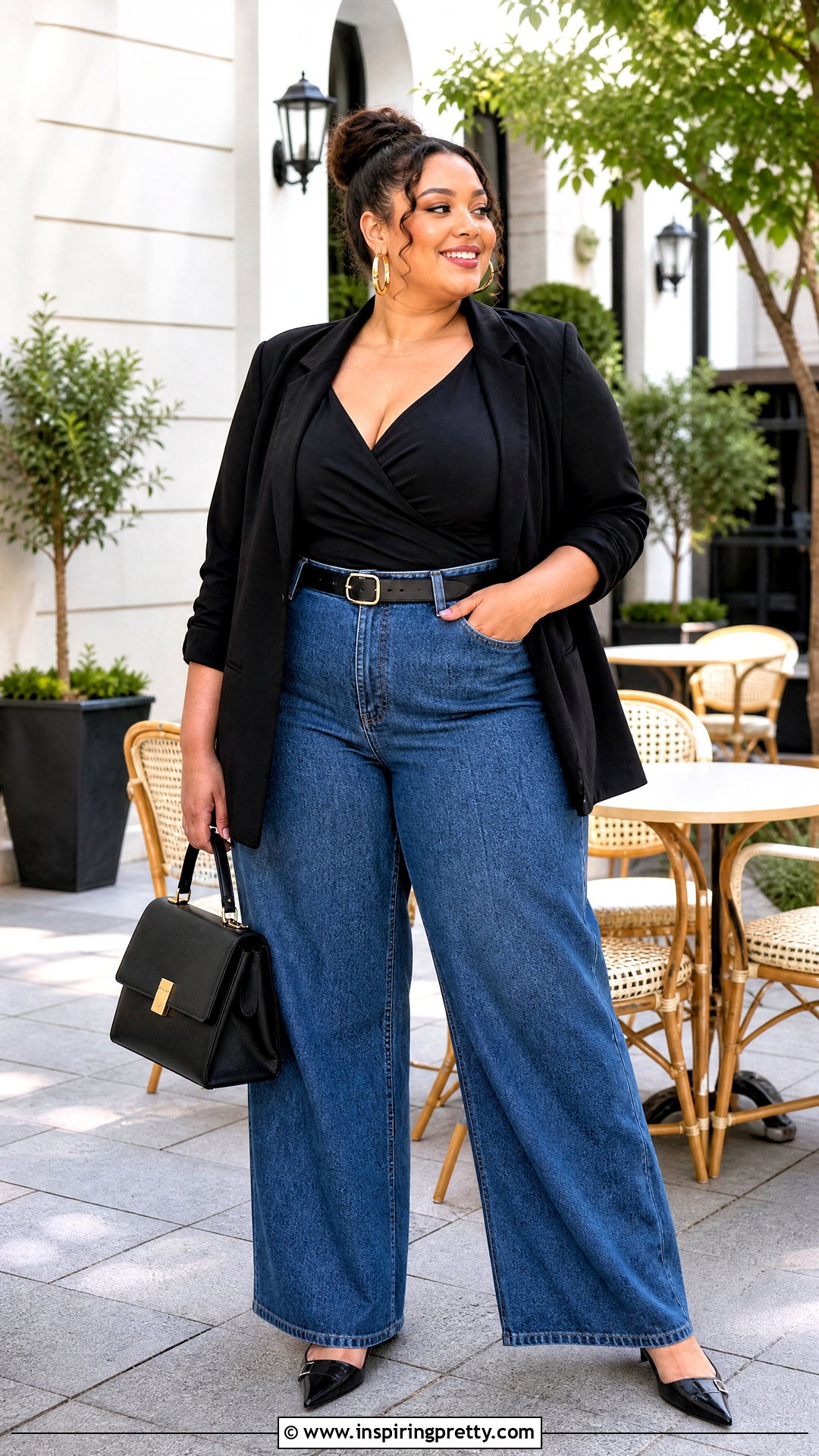 Plus Size Wide Leg Jeans And Black Wrap Top Outfit - 50 jeans and black top outfit ideas