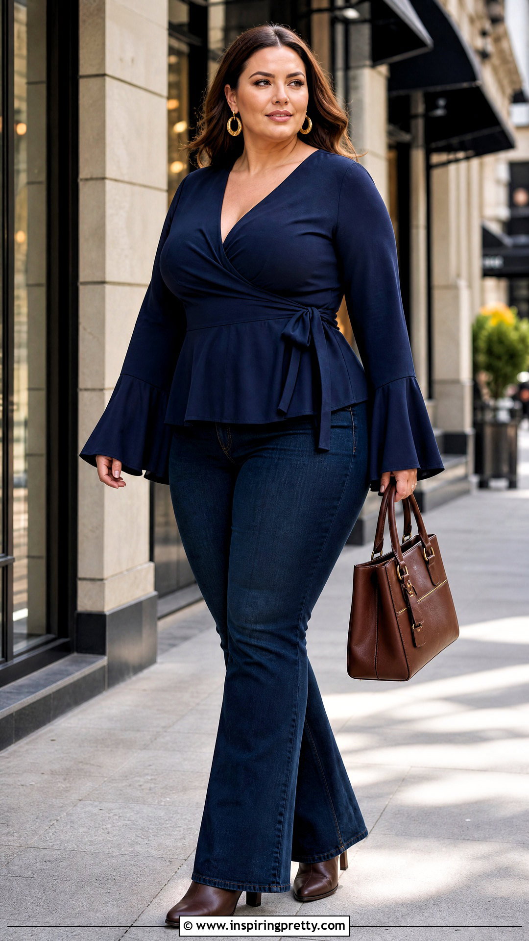 Plus Size Wrap Flared Sleeve Top With Bootcut Jeans - 50 flared sleeves tops