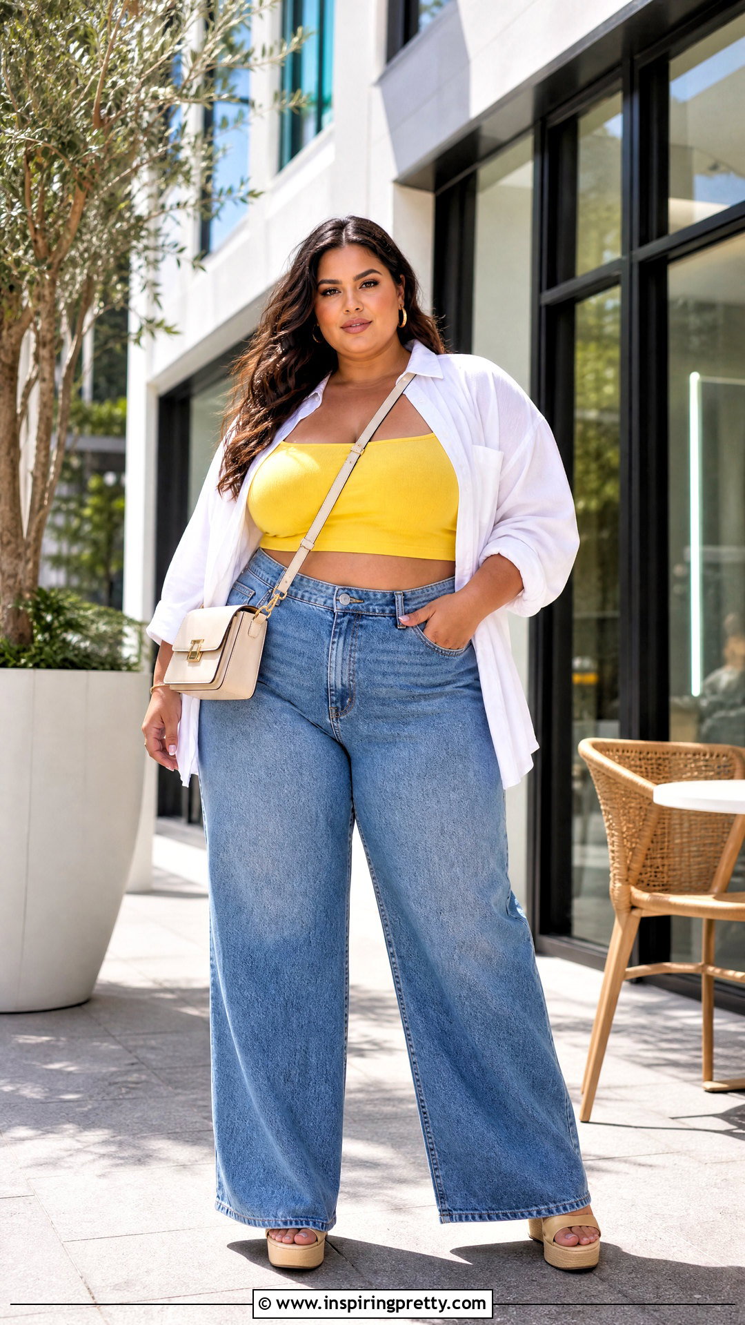 Plus Size Yellow Crop Top With Wide Leg Jeans - 50 yellow crop top outfit ideas