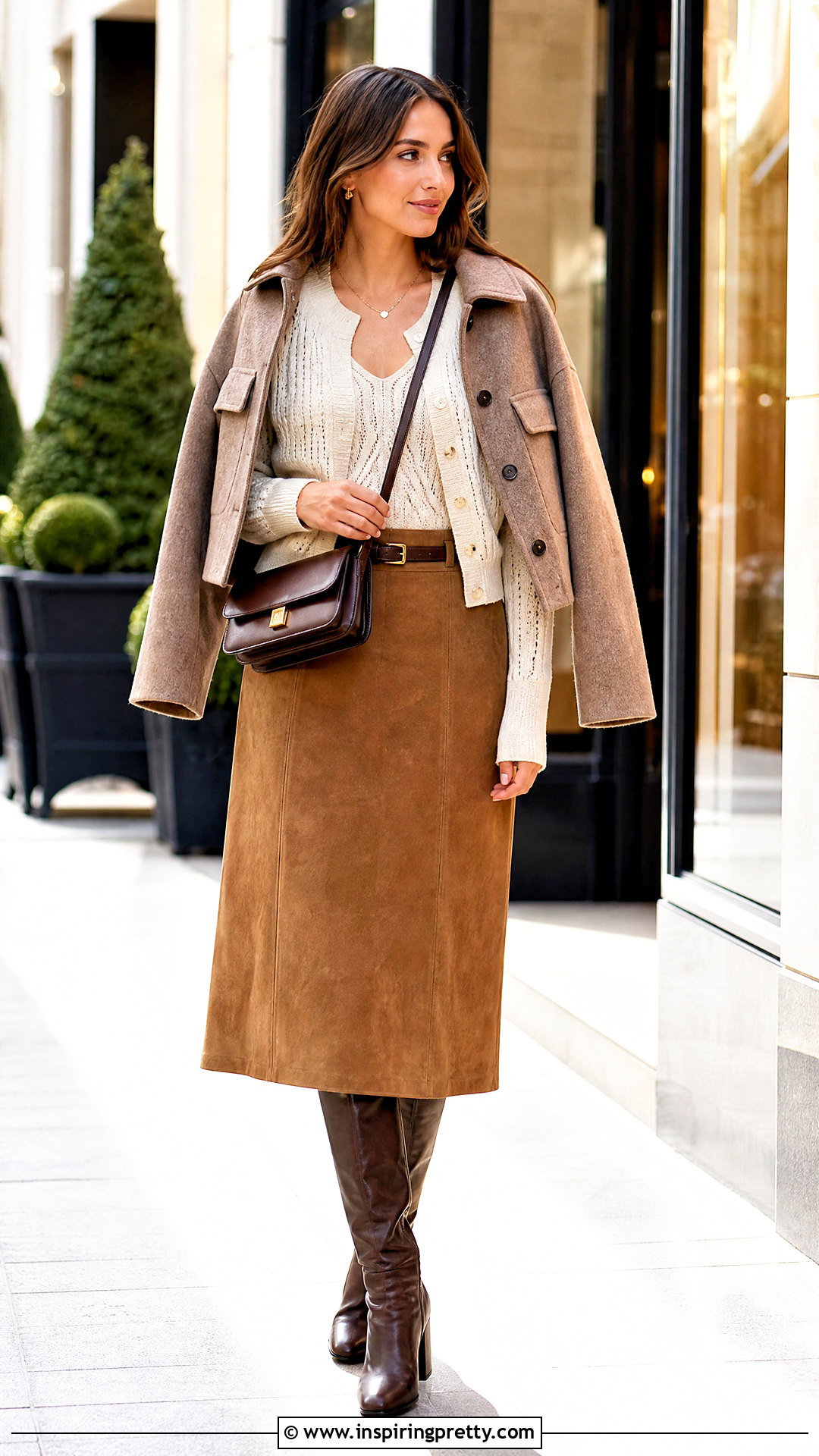 Pointelle Knit Top With Suede Midi Skirt - 20 Fall Fashion Knit Top outfit ideas