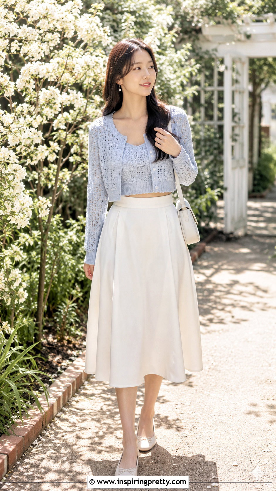 Pointelle Knitted Crop Top With A Line Skirt - 50 knitted crop top outfit ideas