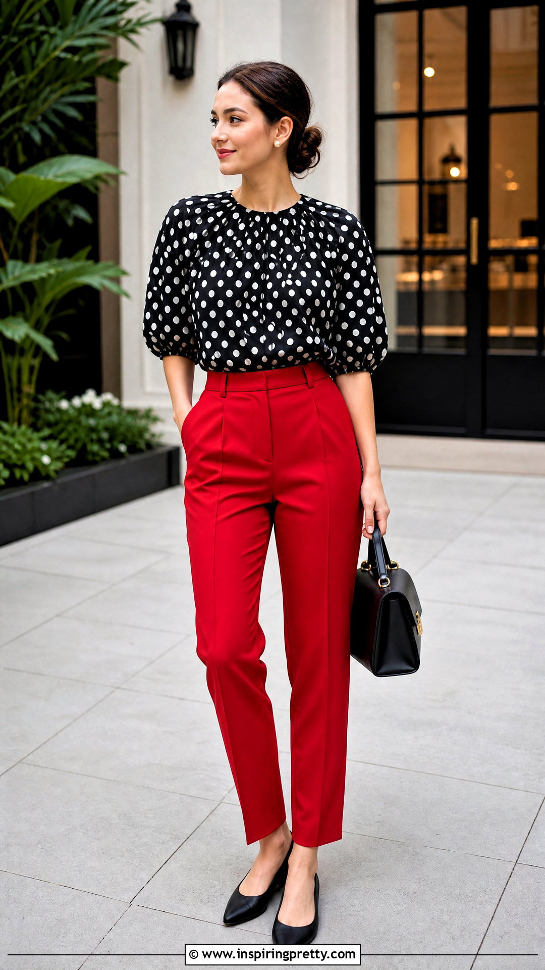 Polka Dot Balloon Top With Red Pants - 50 balloon top outfit ideas