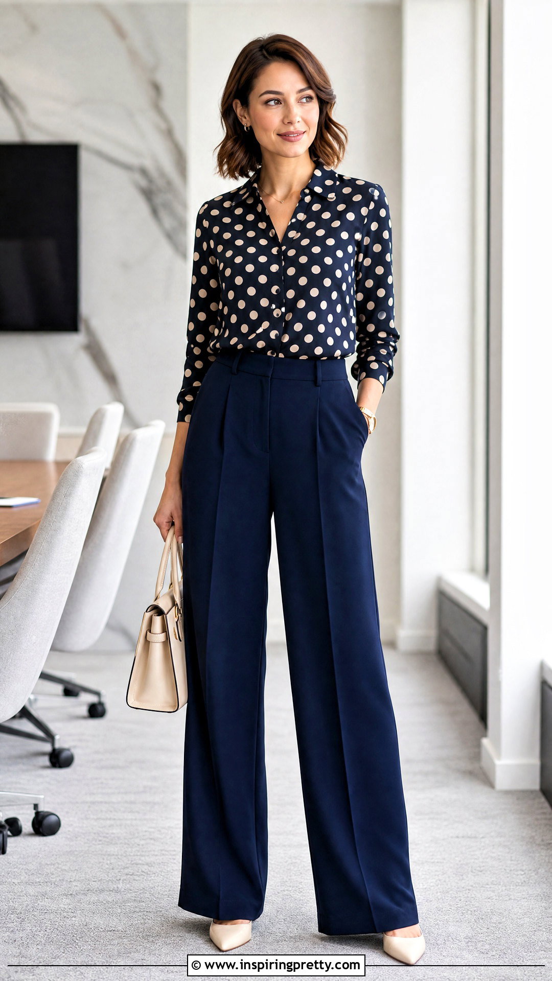 Polka Dot Blouse Top With Wide Leg Pants - 50 chic tops outfit ideas