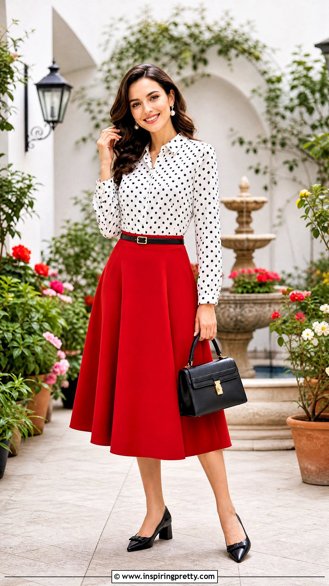 Polka Dot Blouse With A Line Skirt - 50 blouse tops outfit ideas
