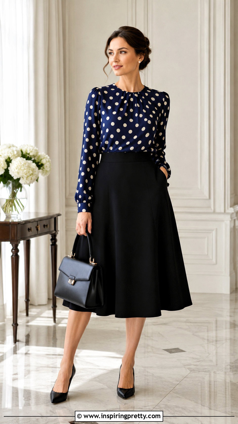 Polka Dot Blouse With Black Midi Skirt - 50 formal tops outfit ideas