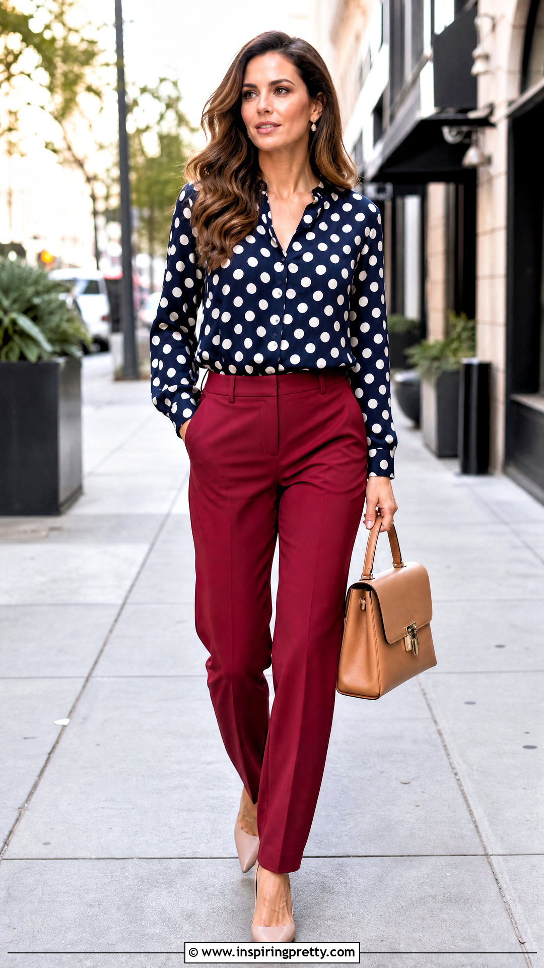 Polka Dot Blouse With Red Trousers - 50 elegant tops for women