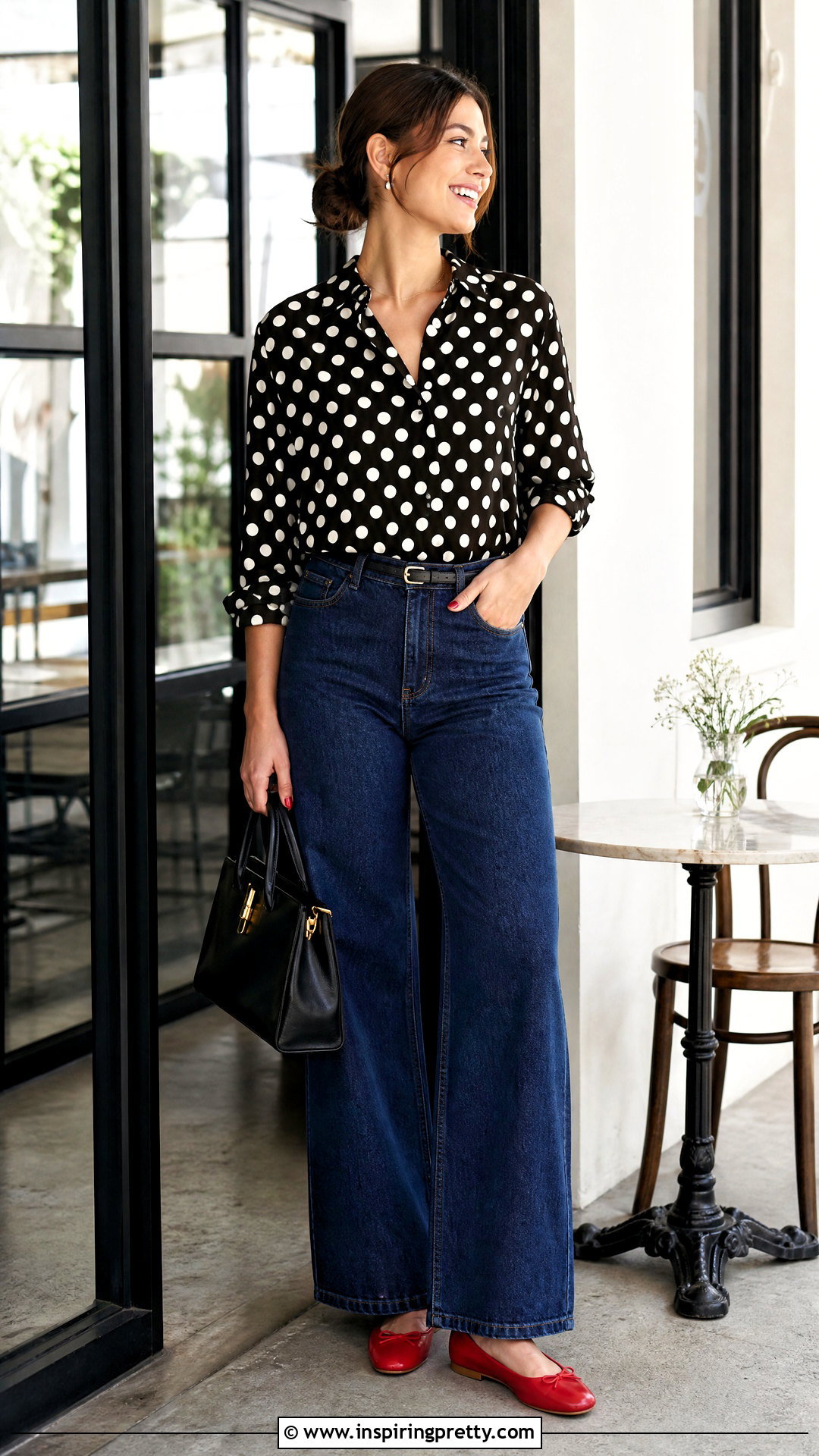 Polka Dot Blouse With Wide Leg Jeans - 50 tops to wear with wide leg jeans