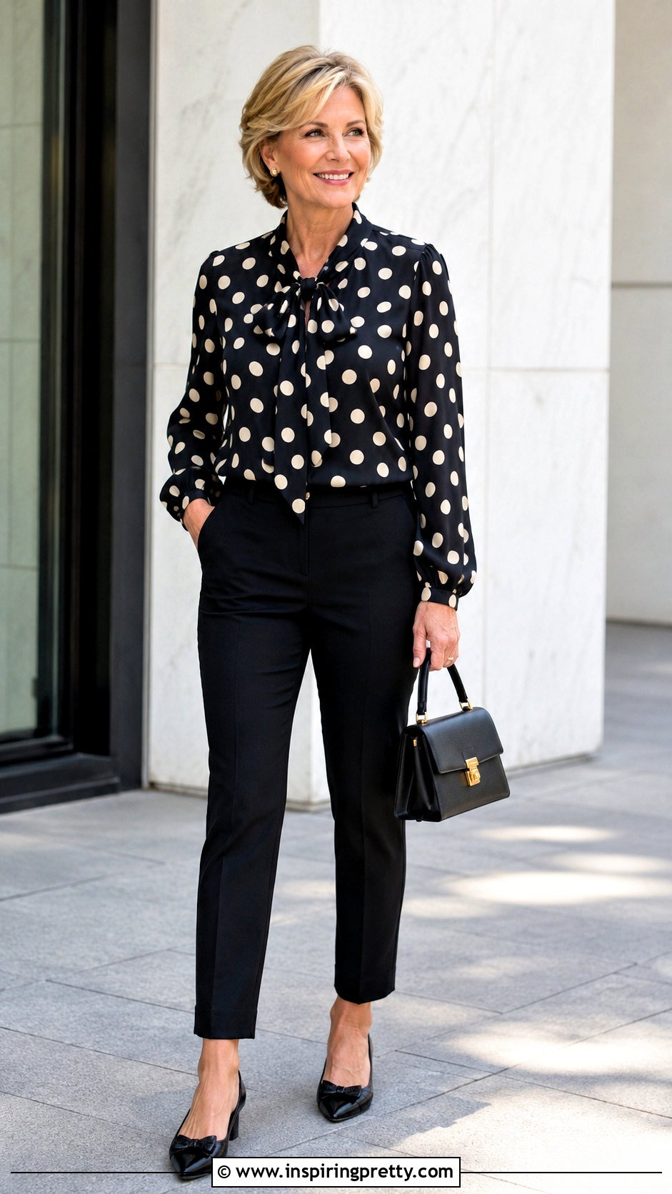 Polka Dot Bow Top Blouse With Cigarette Pants - 20 Bow Top Blouse outfits